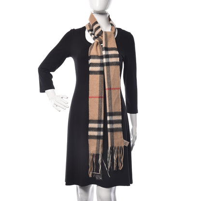 Burberry Cashmere Giant Check Skinny Fringe Scarf Camel 2 of 6