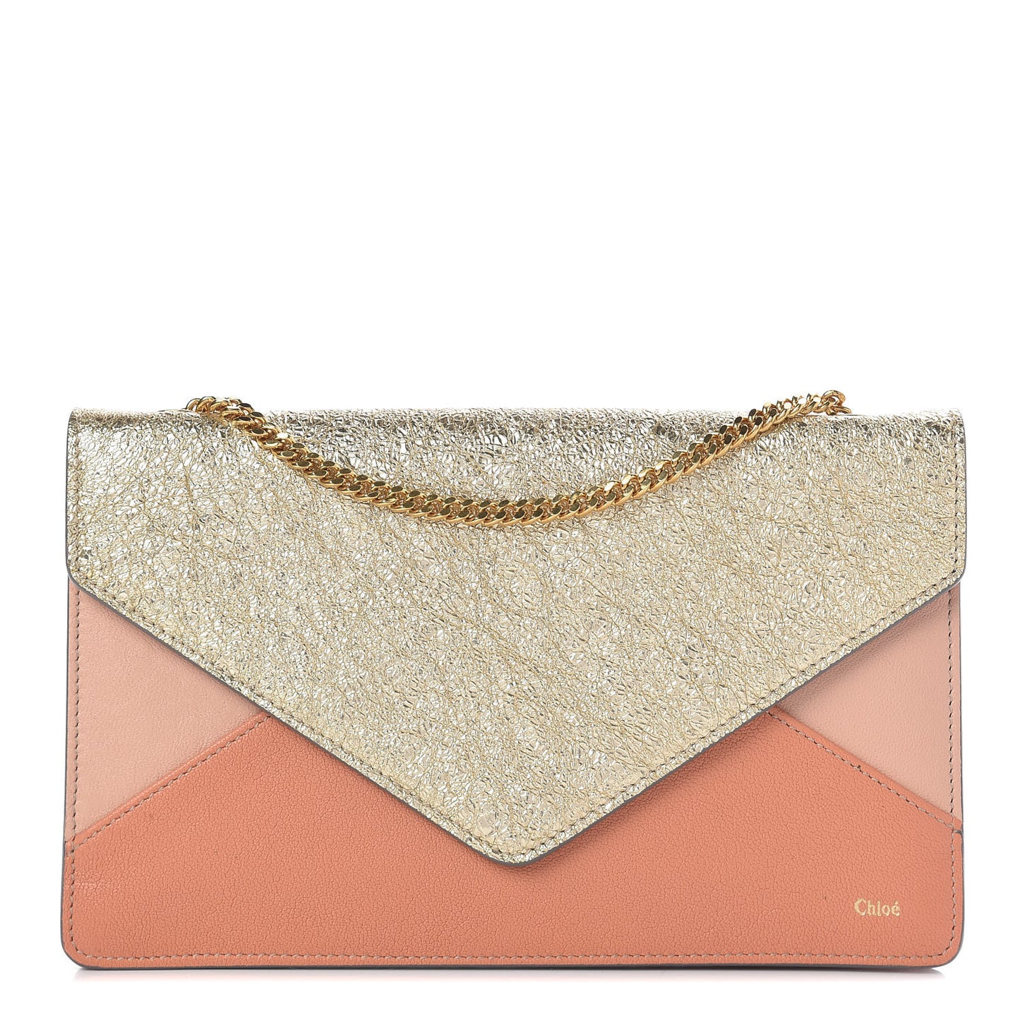 Metallic Calfskin Patchwork Chain Wallet Blush Nude
