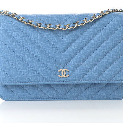 Chanel Caviar Chevron Quilted Wallet On Chain WOC Blue 9 of 14