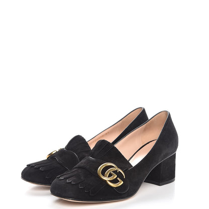 Gucci Kid Scamosciato GG Marmont Fringe 50mm Loafer Pumps 37 Black 3 of 10