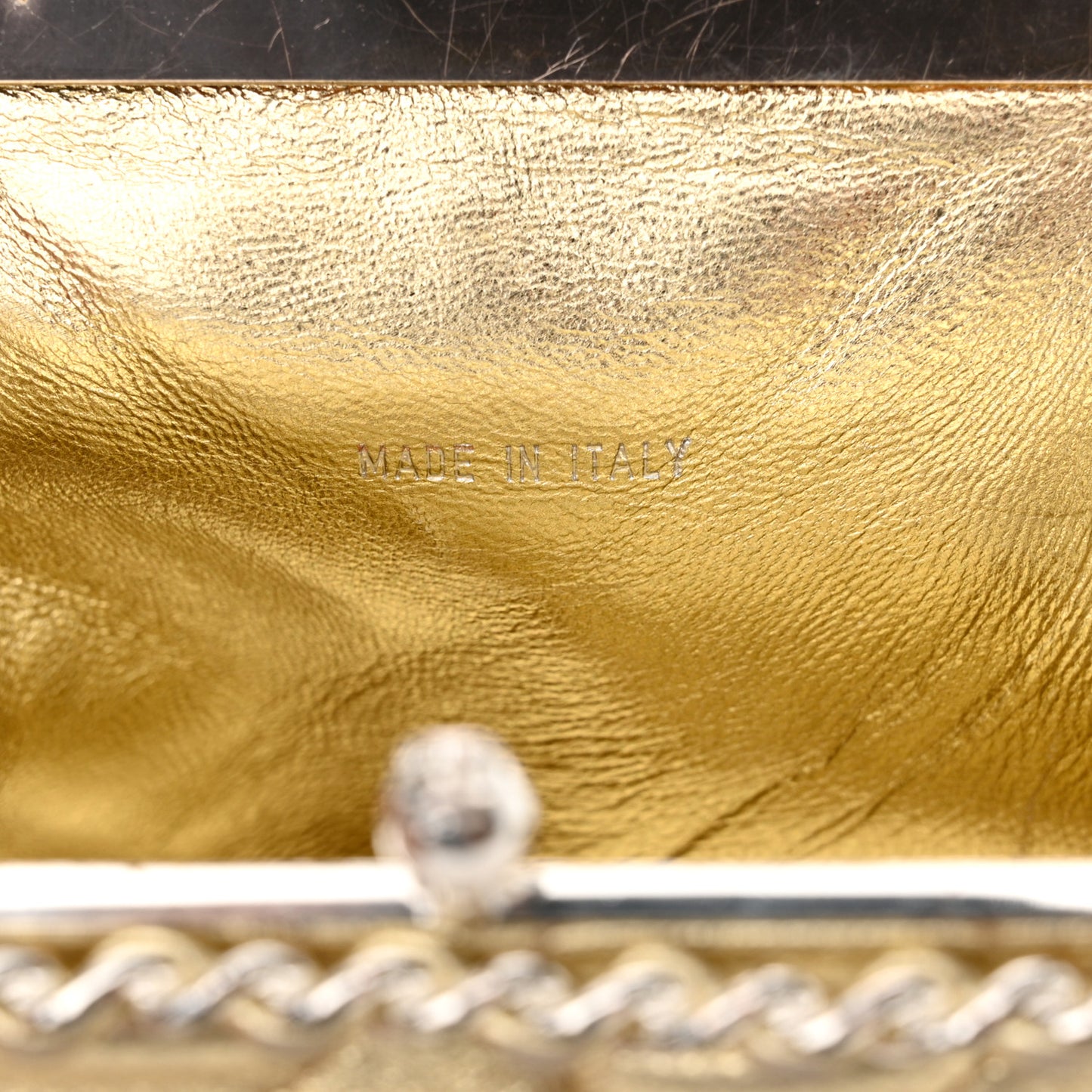 Metallic Lambskin Quilted Chain Around Kiss Lock Evening Clutch Gold