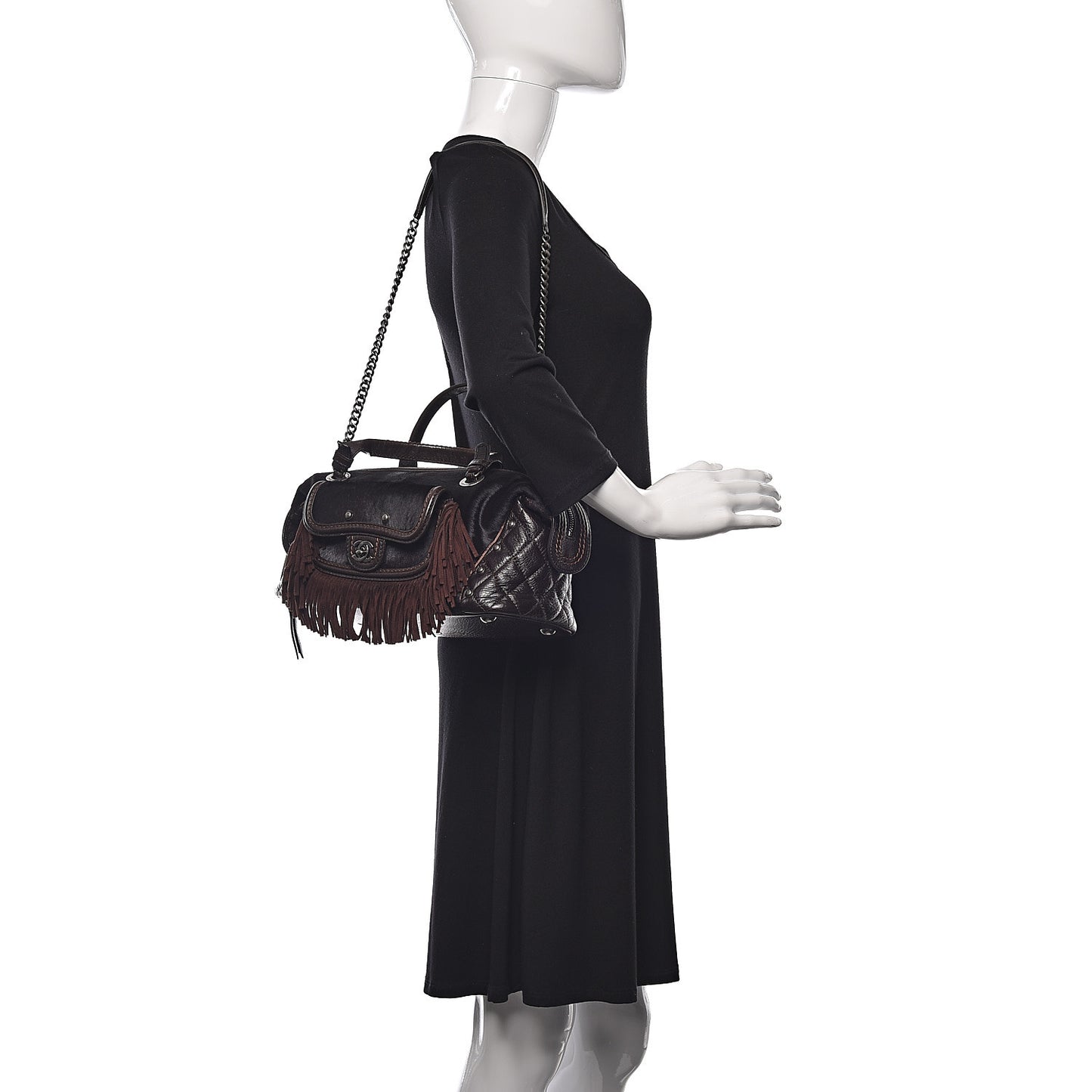 Calfskin Pony Hair Fringe Bowling Bag Brown