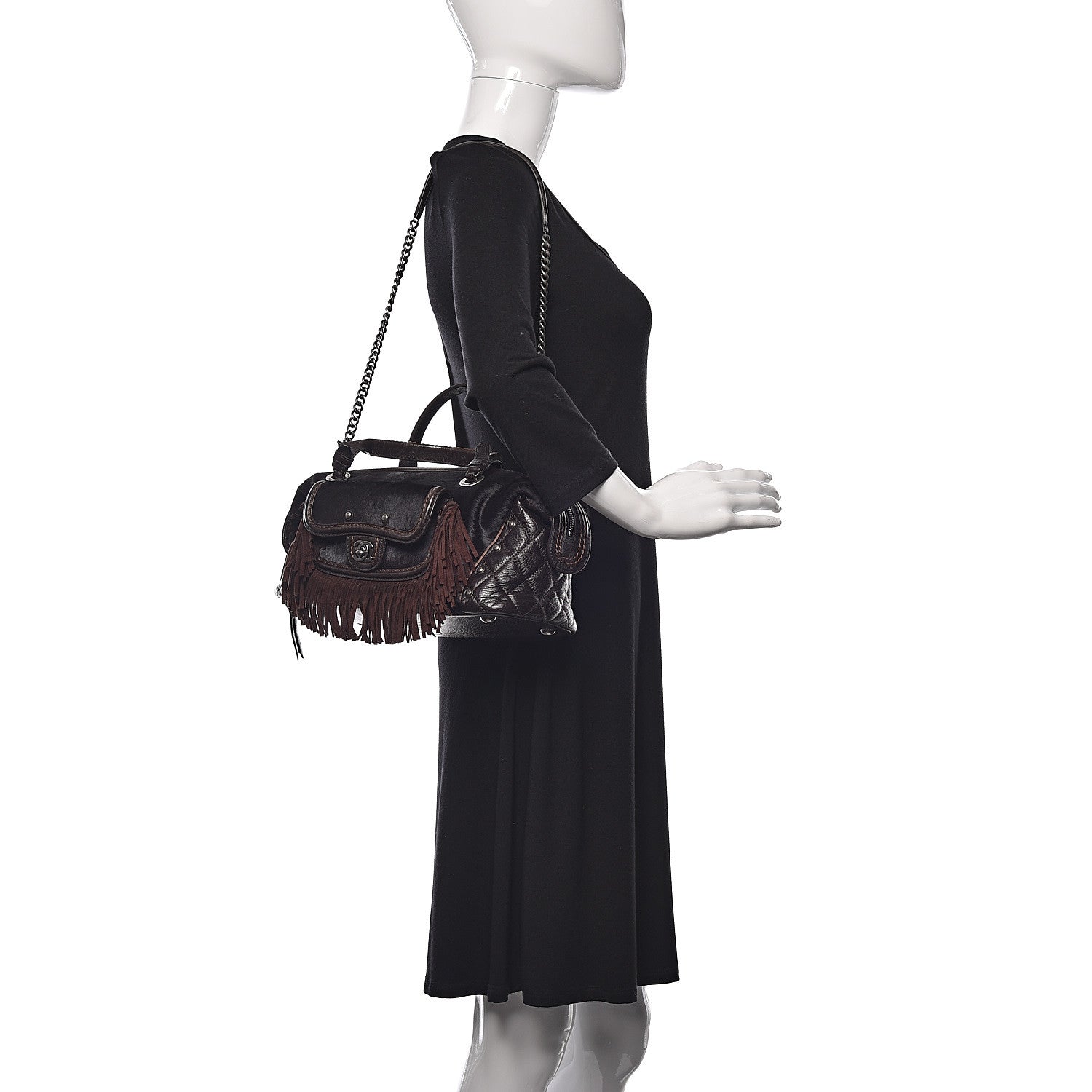 Chanel Calfskin Pony Hair Fringe Bowling Bag Brown 2 of 9