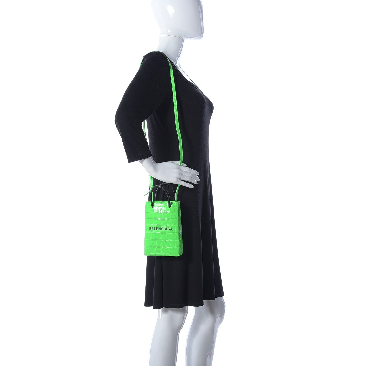 Balenciaga Shiny Calfskin Crocodile Embossed Logo Shopping Phone Holder Bag Fluo Green Black 2 of 14