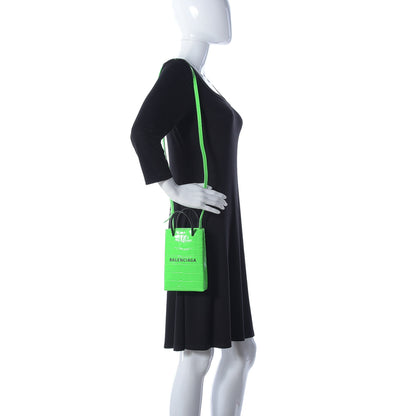 Balenciaga Shiny Calfskin Crocodile Embossed Logo Shopping Phone Holder Bag Fluo Green Black 2 of 14