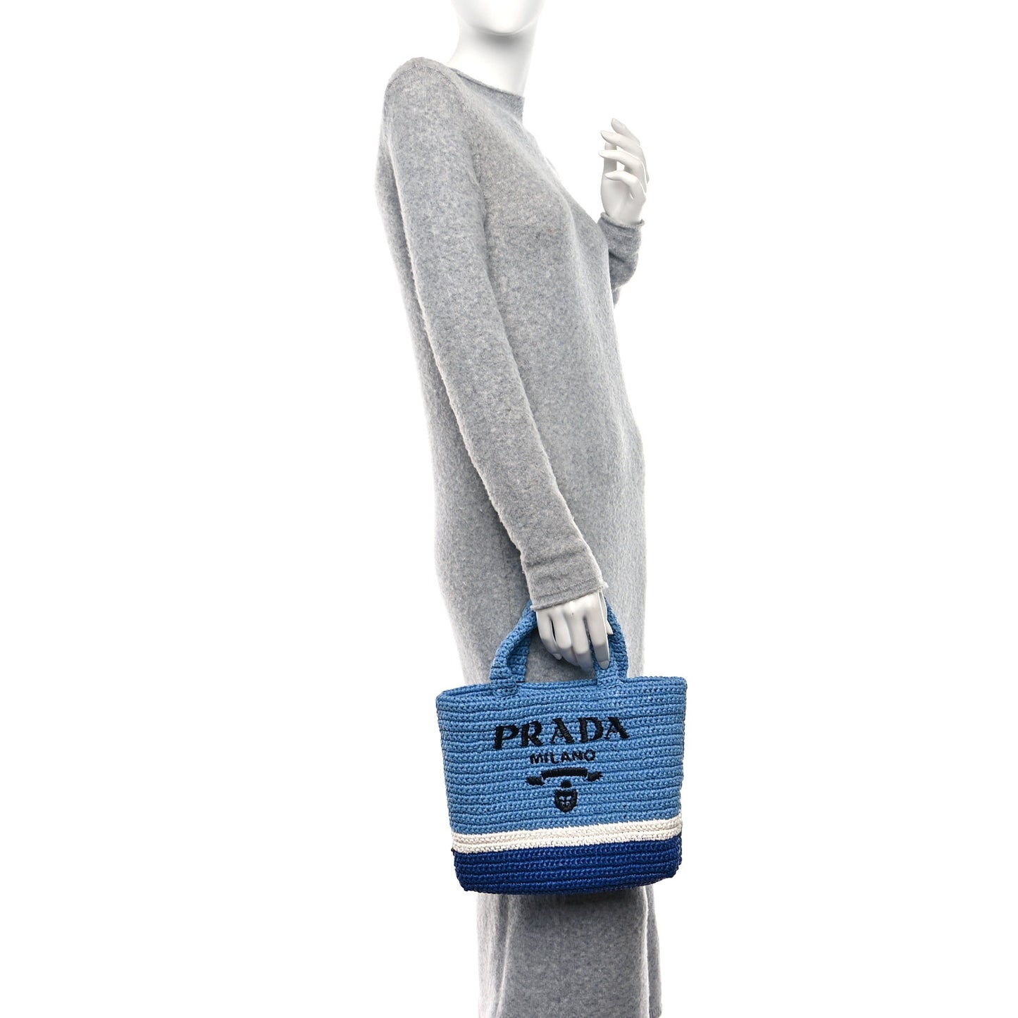 Yarn Raffia Effect Crochet Small Logo Tote Celeste Blue