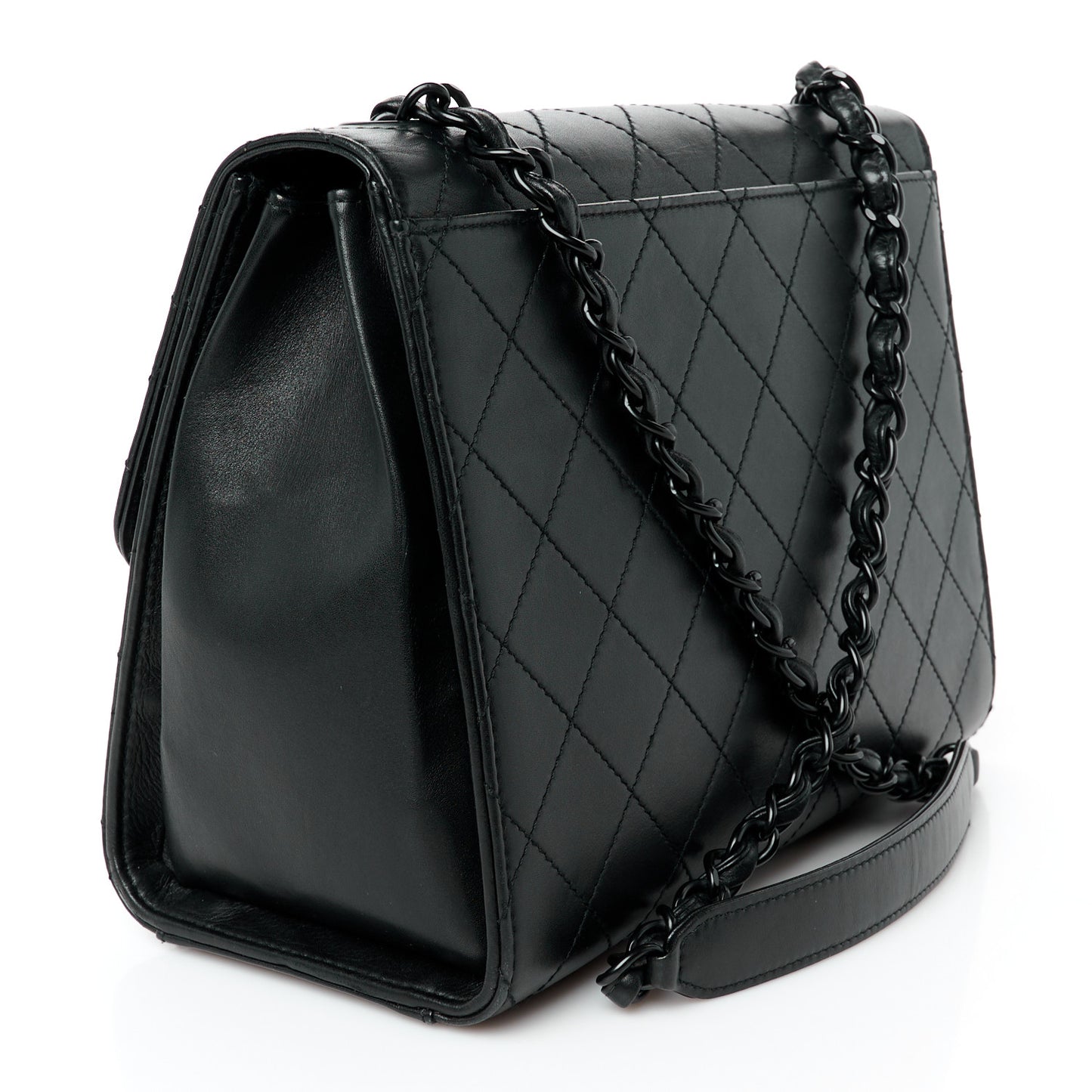 Calfskin Diamond Stitched Flap Shoulder Bag Black
