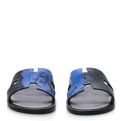 Hermes Calfskin Mens Peinture Fraiche Izmir Sandals 42.5 Bleu Electrique 2 of 16