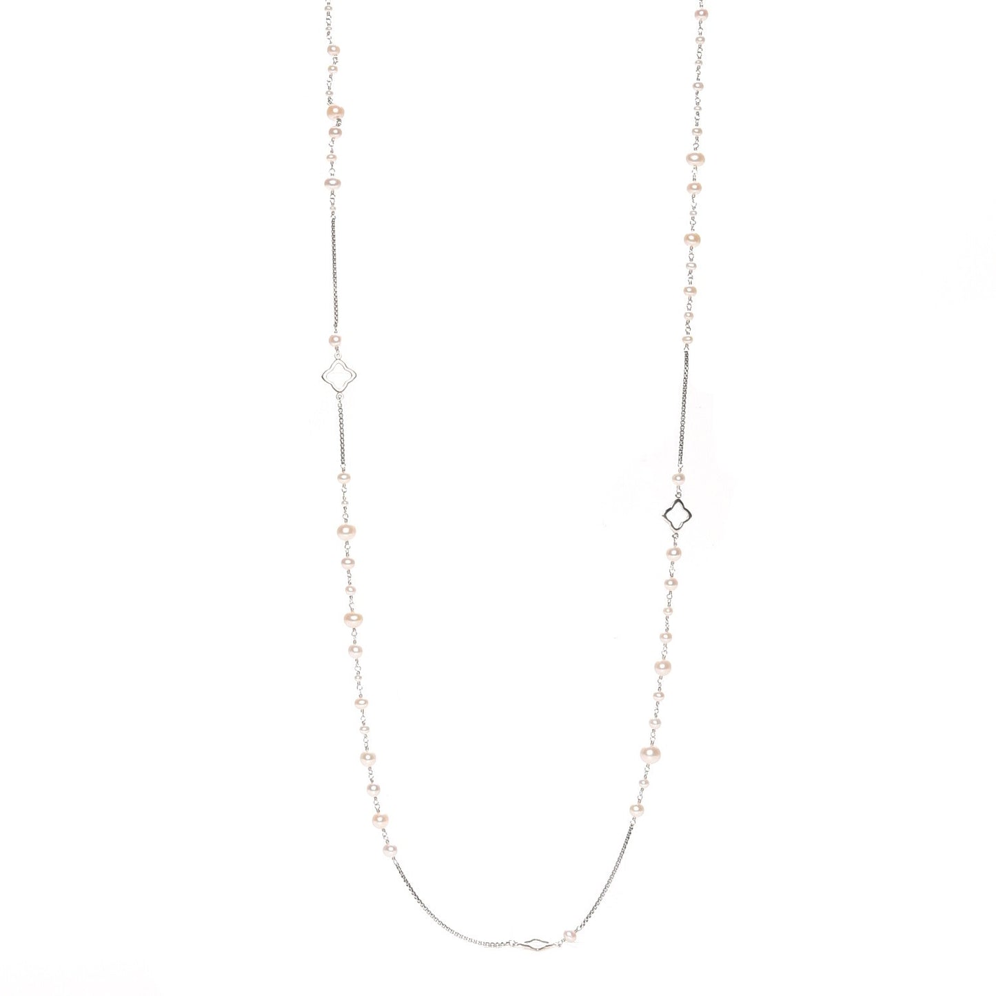Sterling Silver Pearl 7.5mm Quatrefoil Long Chain Necklace