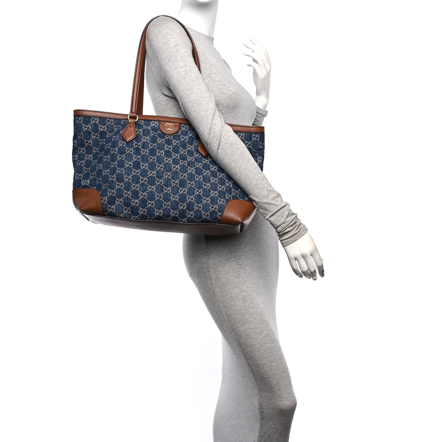 New Denim GG Monogram Medium Ophidia Shopping Tote Blue Tea Cuir