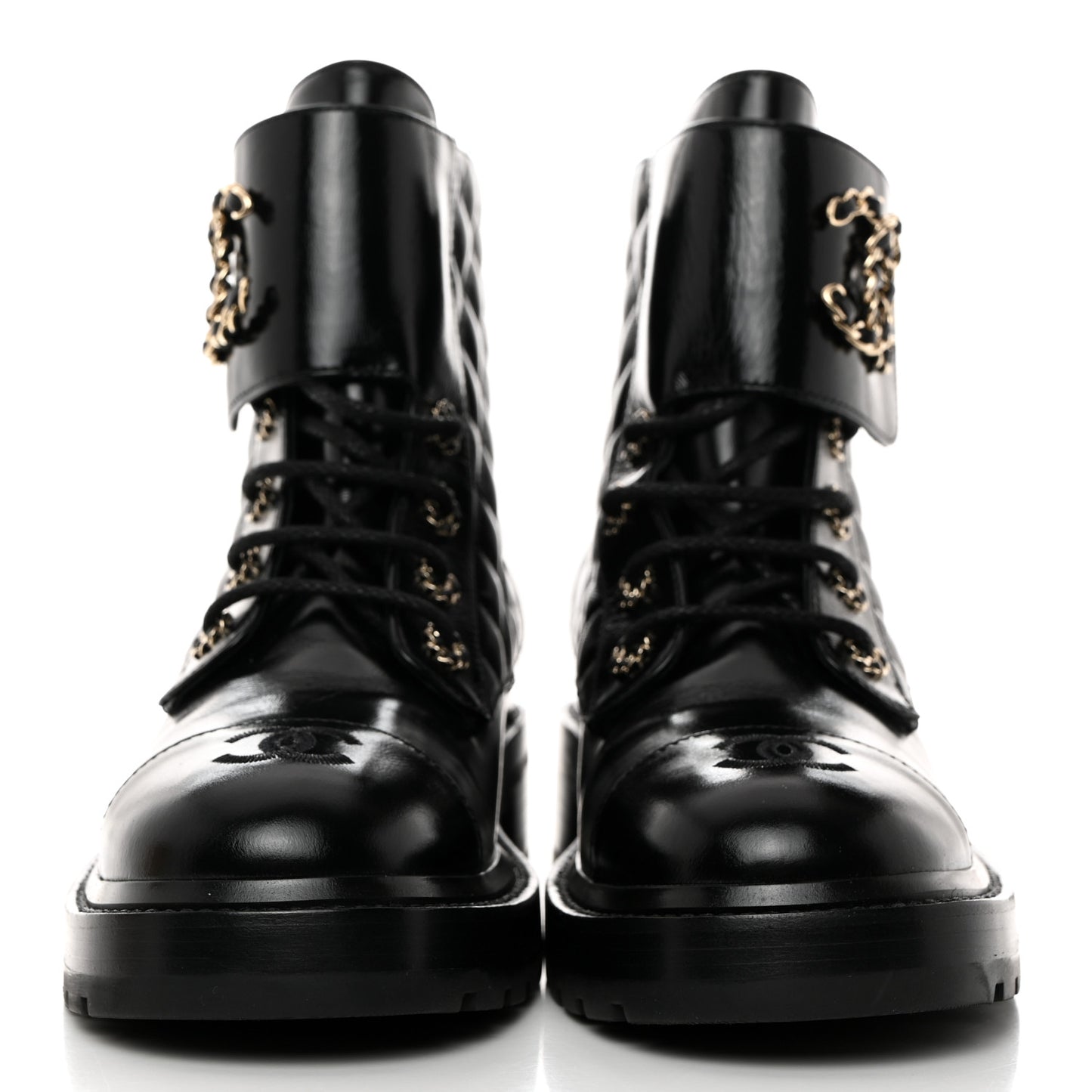 Shiny Calfskin Quilted Lace Up Combat Boots 40.5 Black