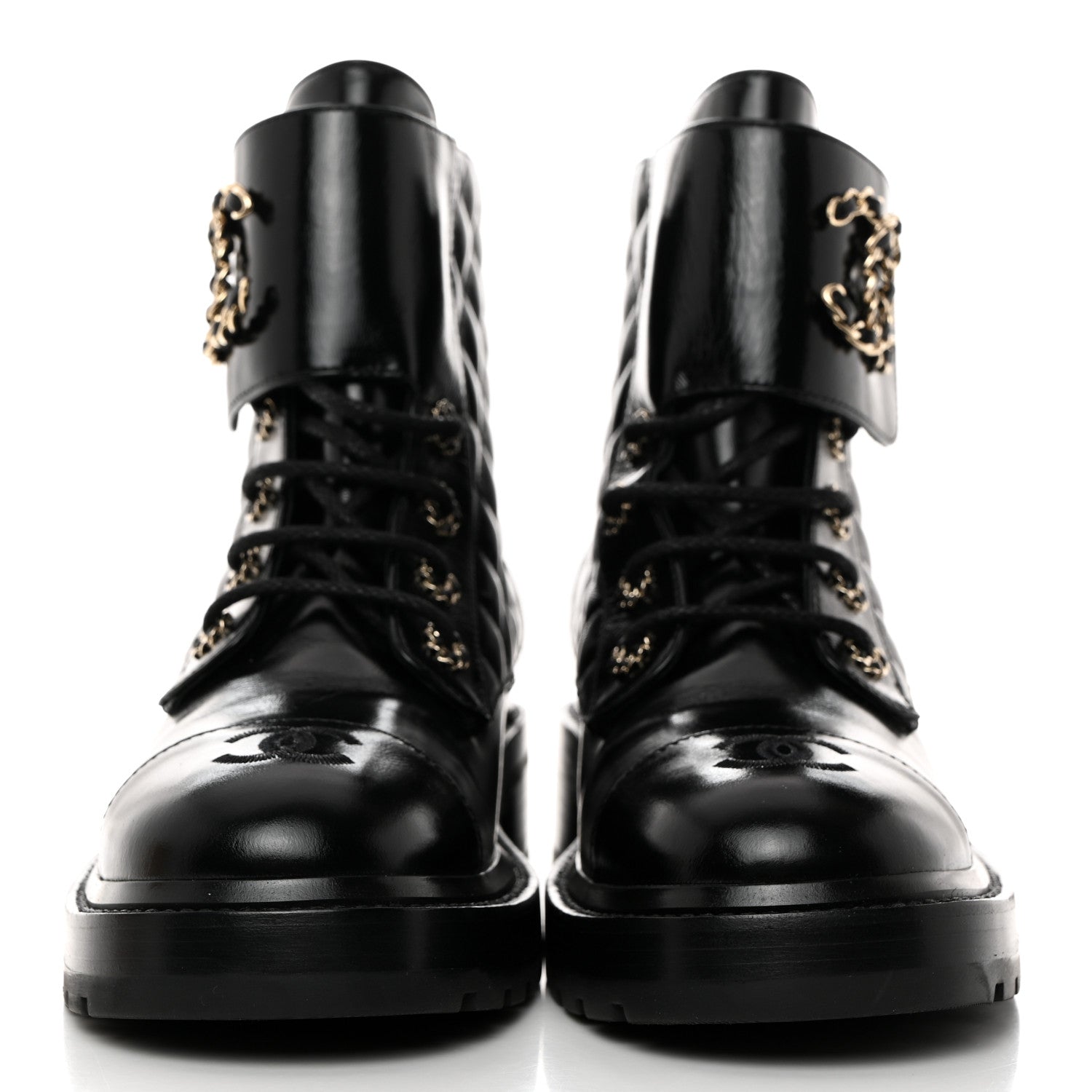 Chanel Shiny Calfskin Quilted Lace Up Combat Boots 40.5 Black 2 of 9