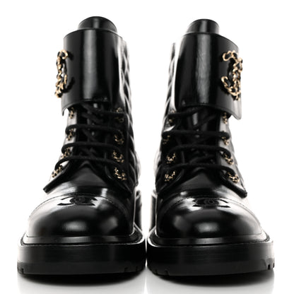 Chanel Shiny Calfskin Quilted Lace Up Combat Boots 40.5 Black 2 of 9