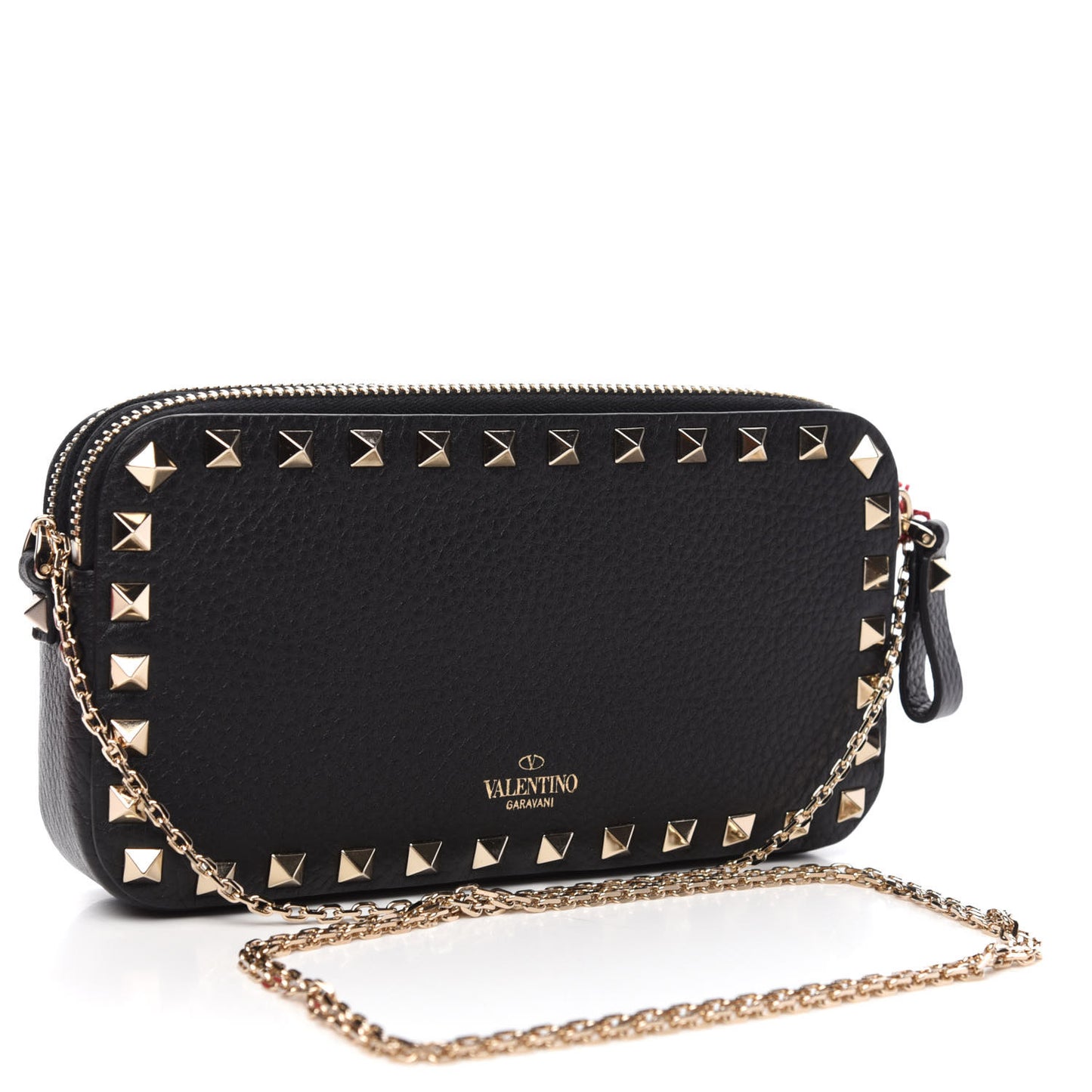 Pebbled Calfskin Rockstud Small Chain Shoulder Bag Black
