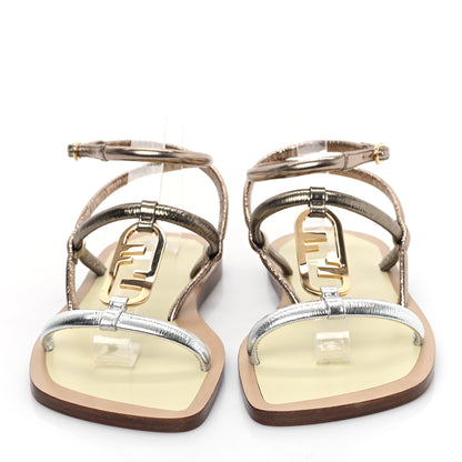 Fendi Metallic Nappa Fendi O'Lock Gladiator Flat Sandals 36 Argento Stagno Champagne 2 of 8