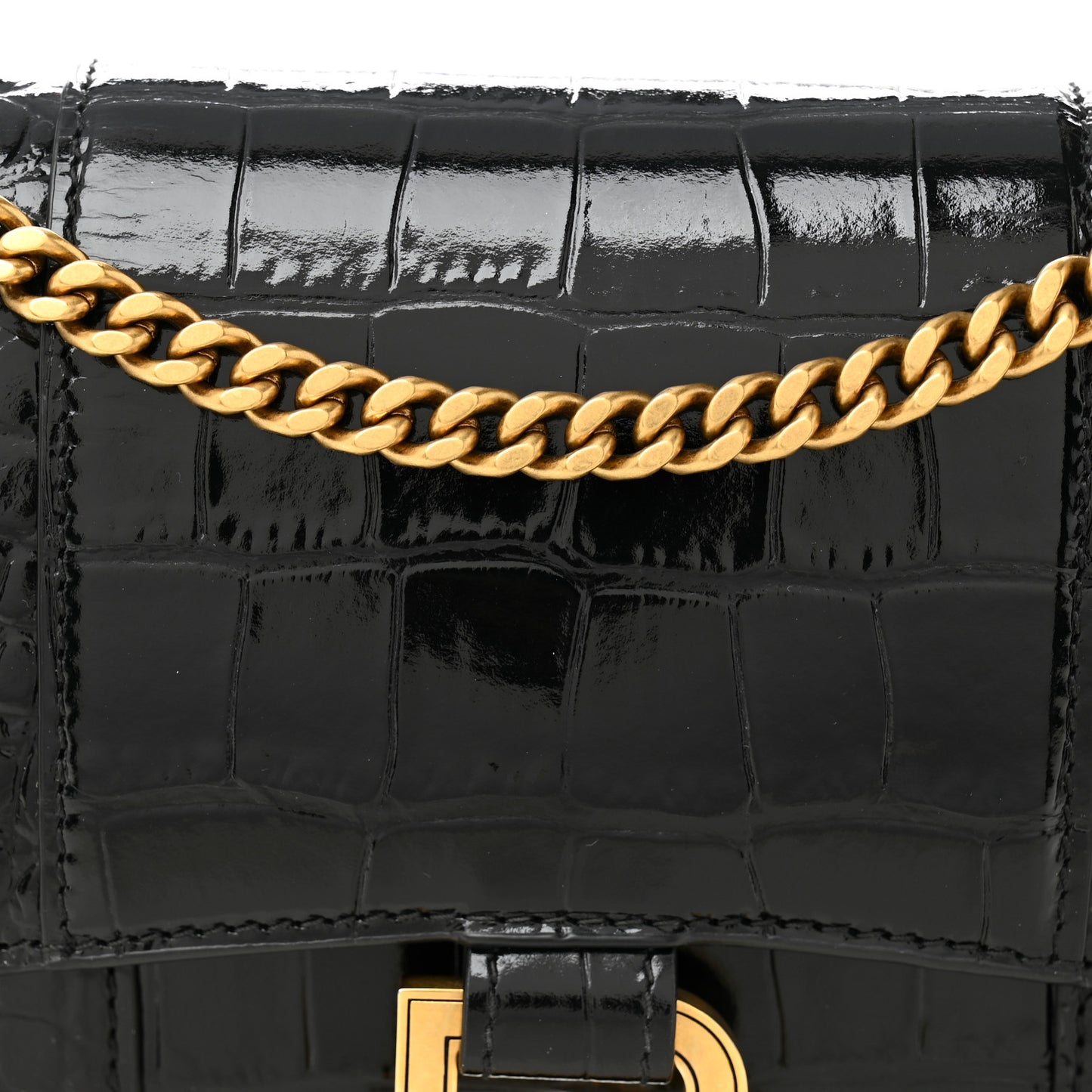 Shiny Calfskin Crocodile Embossed Hourglass Chain Bag Black