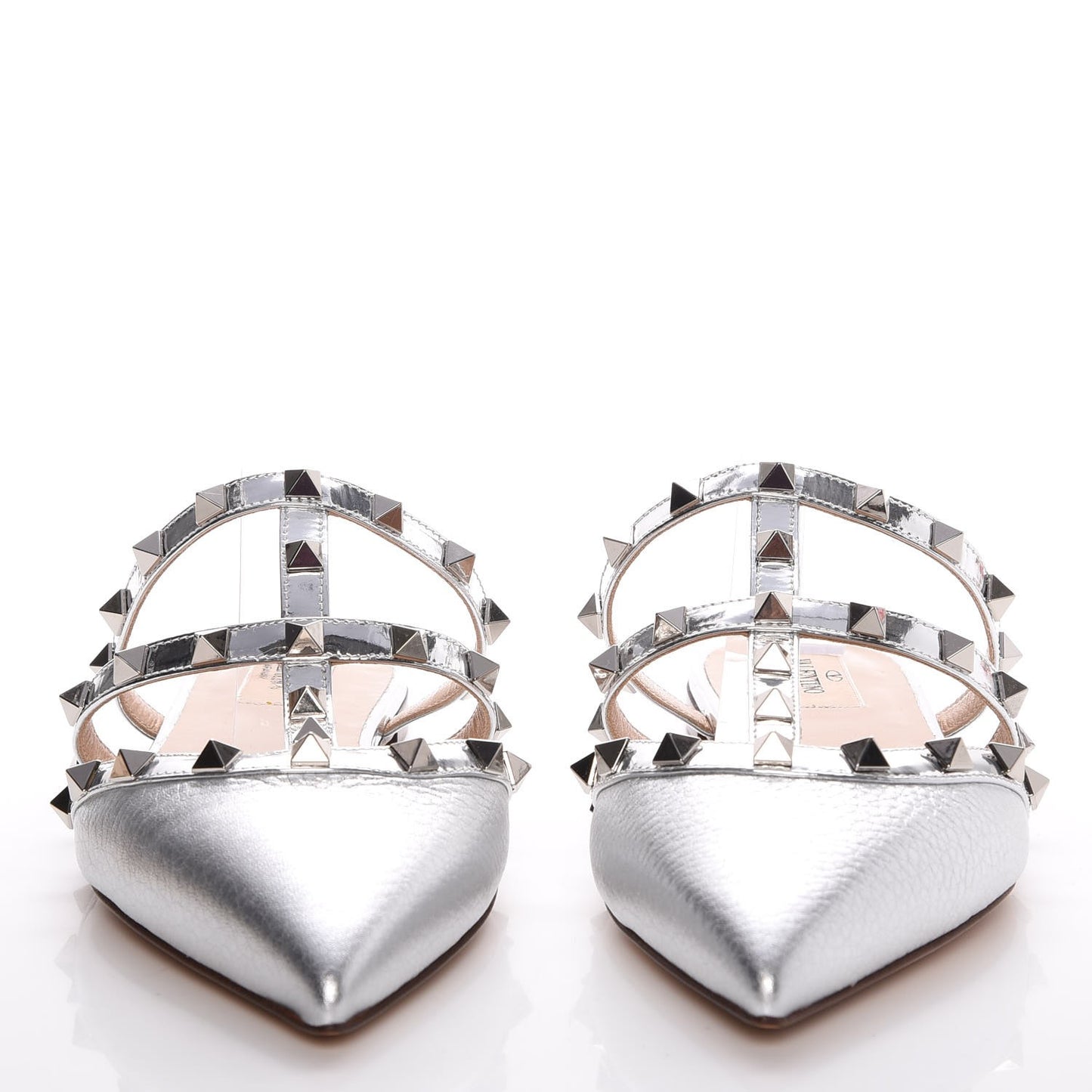Metallic Pebbled Calfskin Rockstud Flat Cage Mules 37.5 Silver