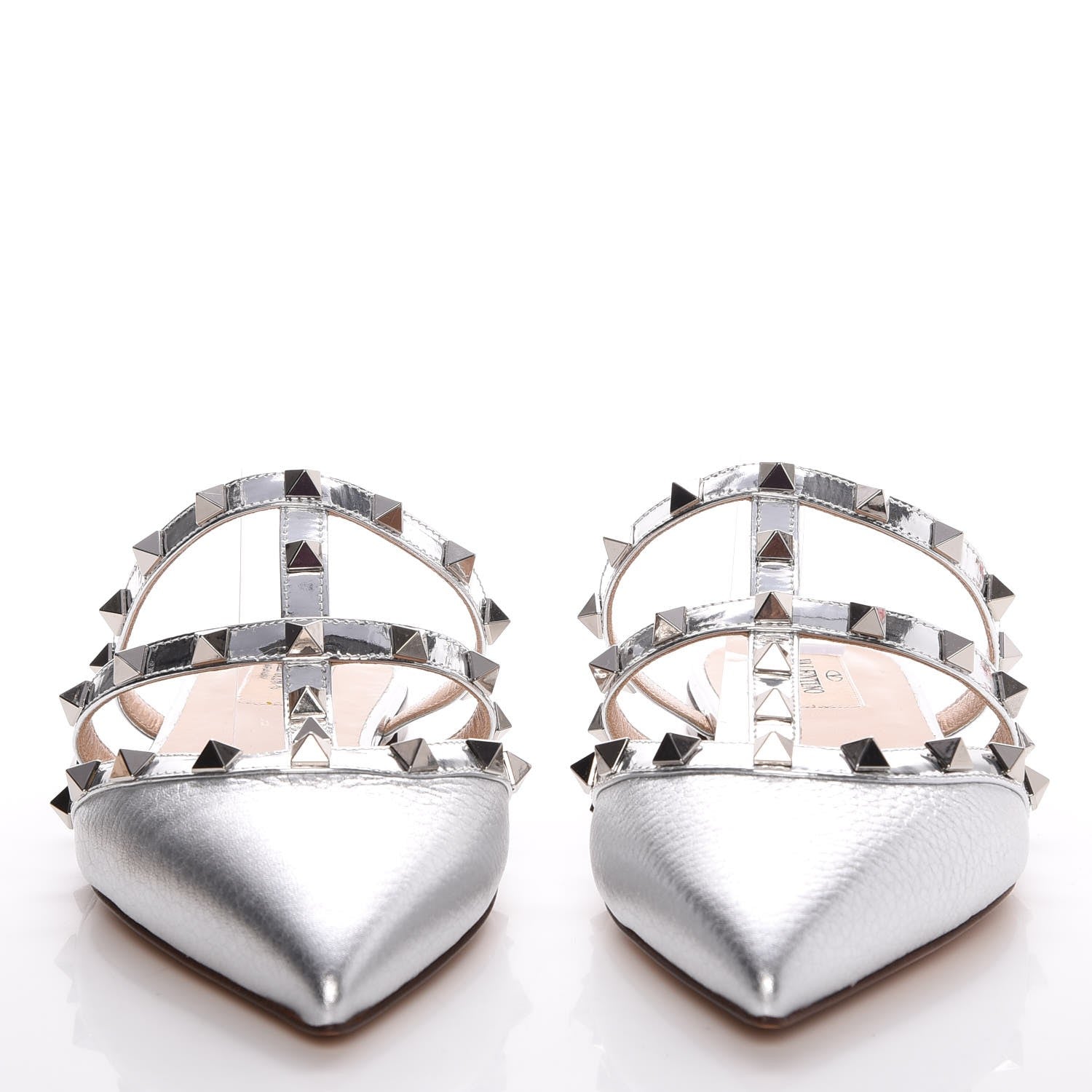 Valentino Garavani Metallic Pebbled Calfskin Rockstud Flat Cage Mules 37.5 Silver 2 of 8