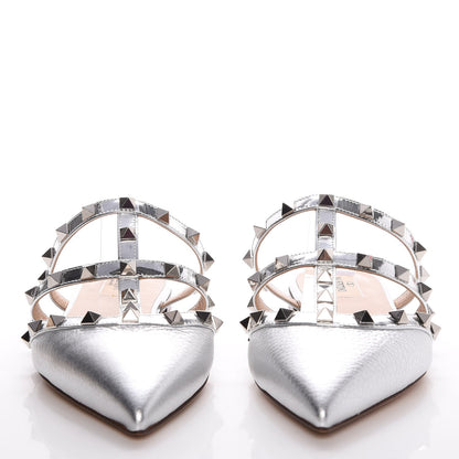 Valentino Garavani Metallic Pebbled Calfskin Rockstud Flat Cage Mules 37.5 Silver 2 of 8