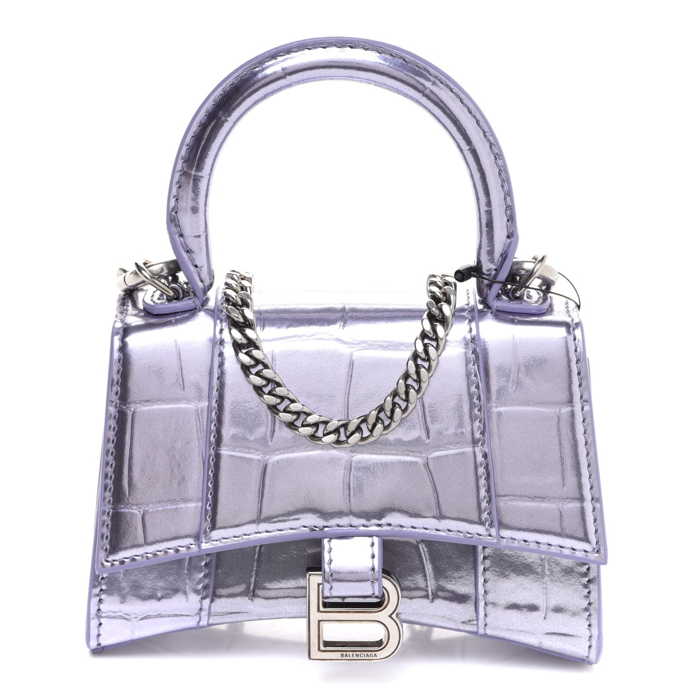 Metallic Calfskin Crocodile Embossed Hourglass Top Handle Bag Mini with Chain Lilac