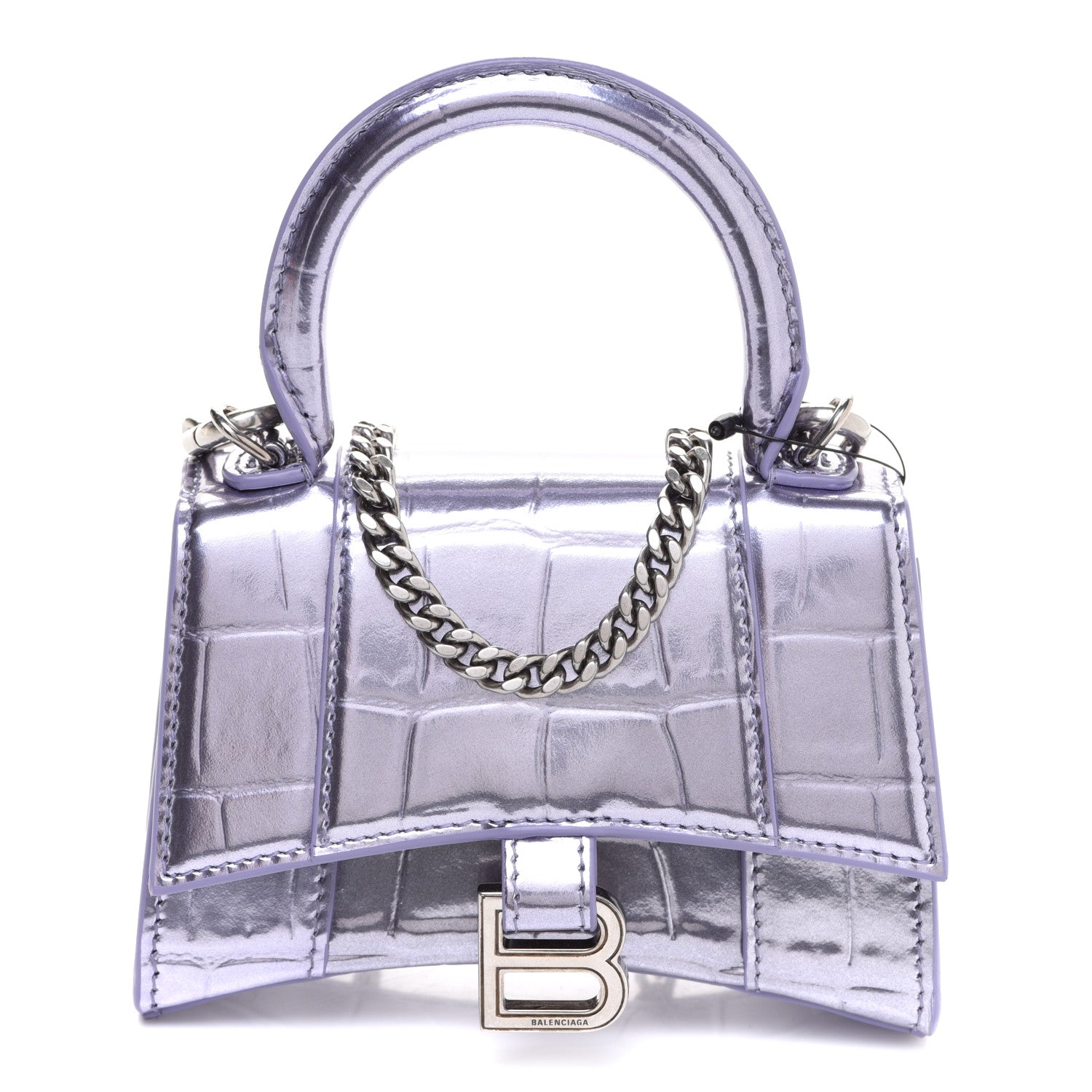 Balenciaga Metallic Calfskin Crocodile Embossed Hourglass Top Handle Bag Mini with Chain Lilac 1 of 9