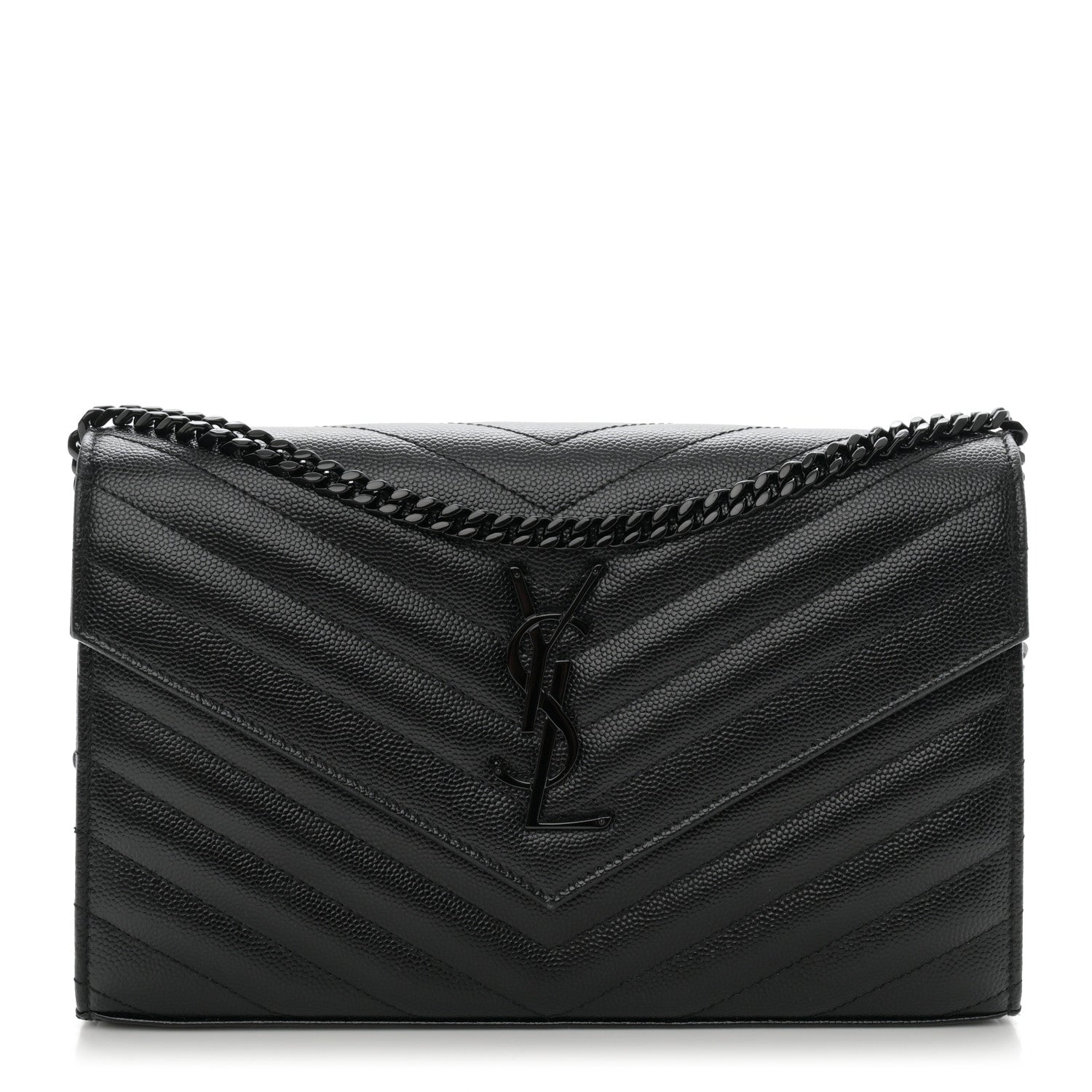 Saint Laurent Grain De Poudre Matelasse Chevron Monogram Monochrome Chain Wallet Black 1 of 11