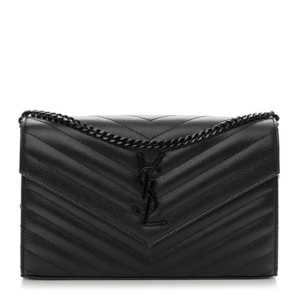 Saint Laurent Grain De Poudre Matelasse Chevron Monogram Monochrome Chain Wallet Black 1 of 11