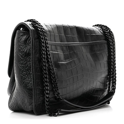 Saint Laurent Nubuck Crocodile Embossed Monogram Medium Niki Chain Satchel Black 3 of 10