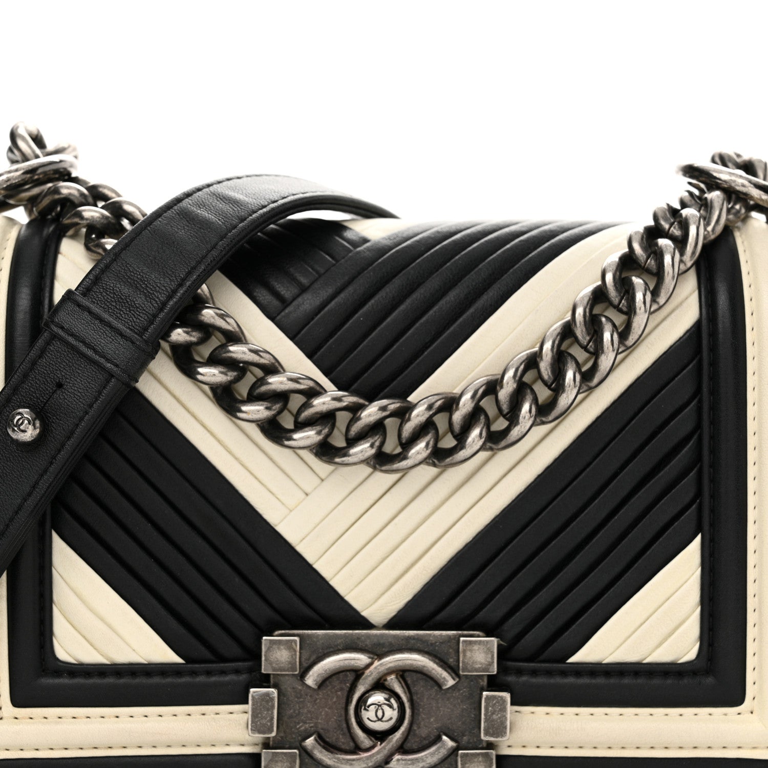 Chanel Calfskin Pleated Small Boy In Rome Flap Black White 5 of 15