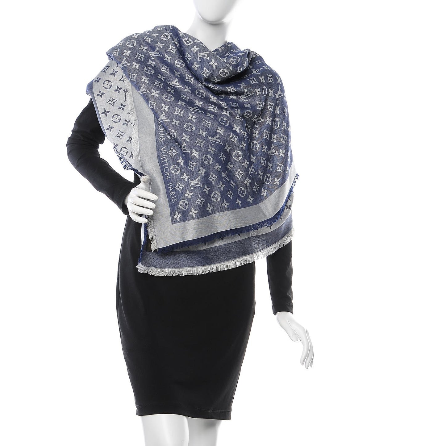 Wool Silk Monogram Denim Shawl Blue
