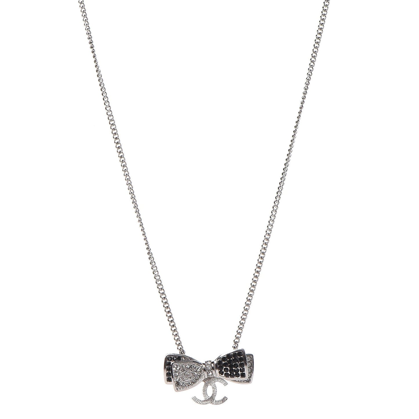 Crystal CC Bow Necklace Silver Black