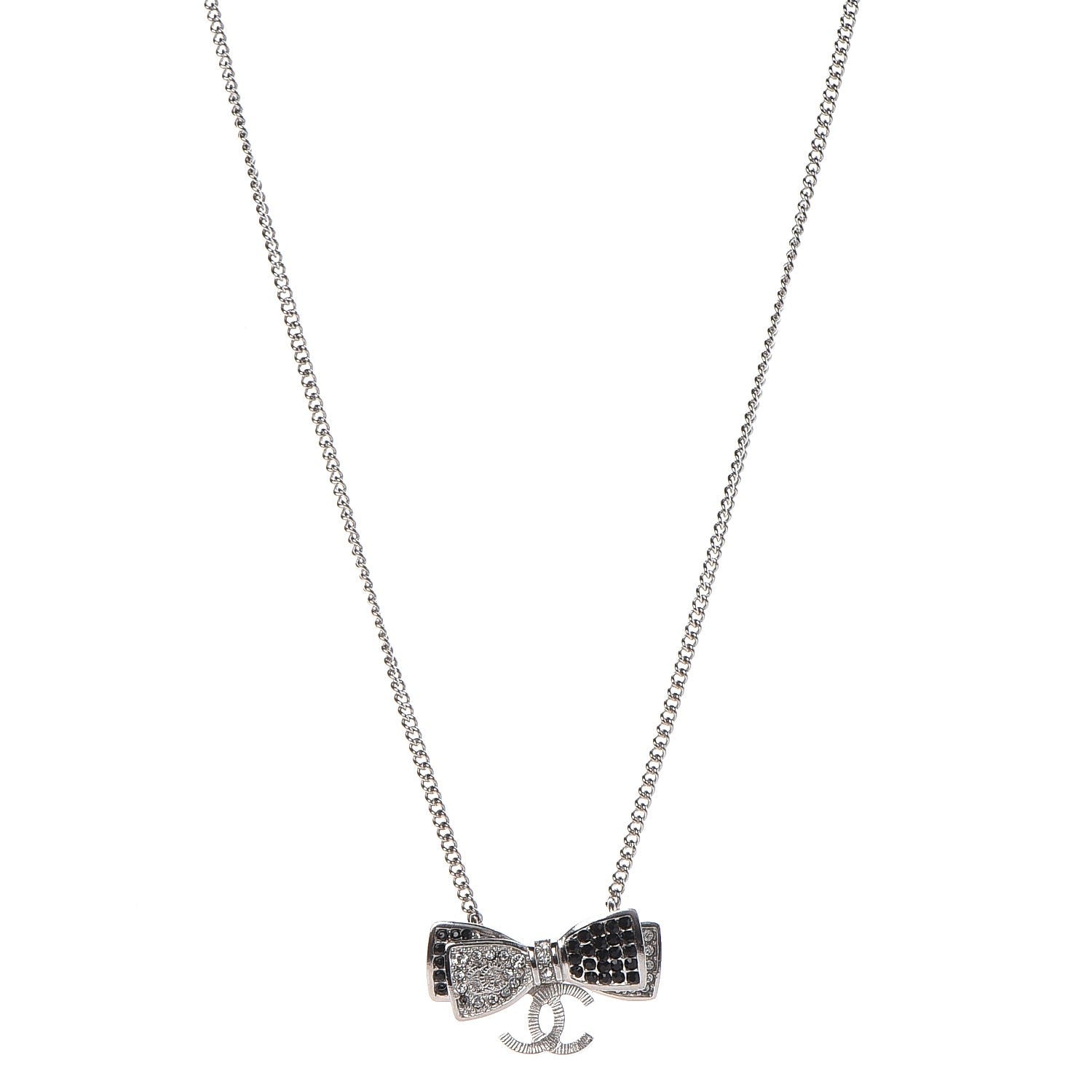 Chanel Crystal CC Bow Necklace Silver Black 1 of 7
