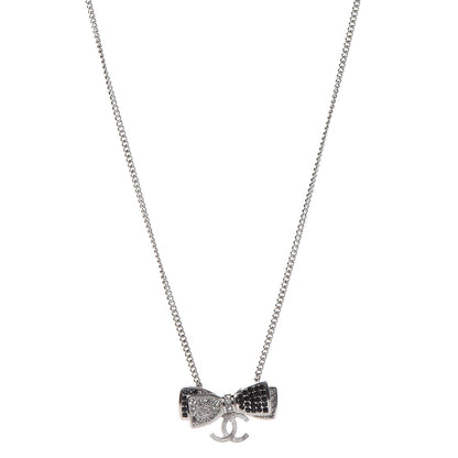 Chanel Crystal CC Bow Necklace Silver Black 1 of 7