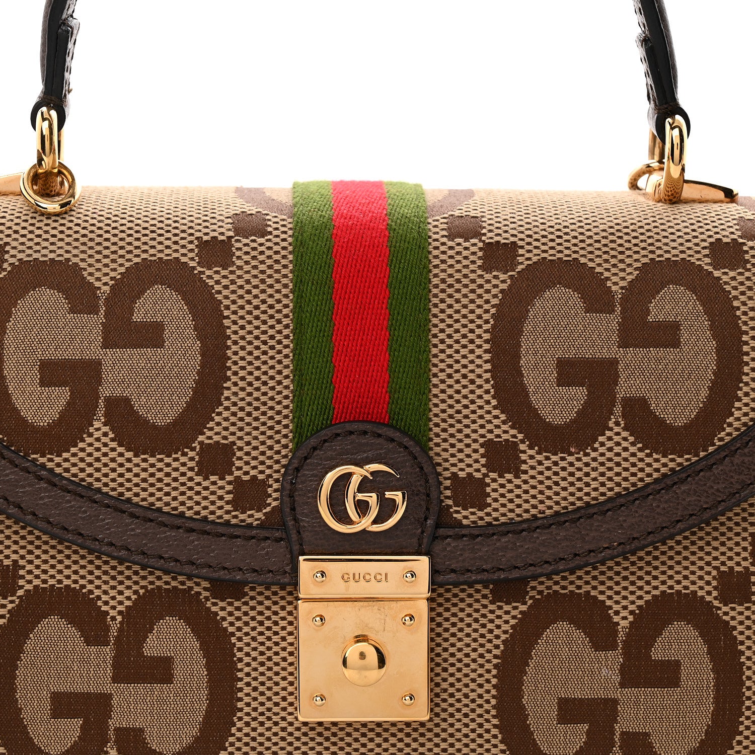 Gucci Monogram Jumbo GG Textured Dollar Calfskin Web Small Ophidia Padlock Top Handle Bag Camel Ebony New Acero 7 of 12