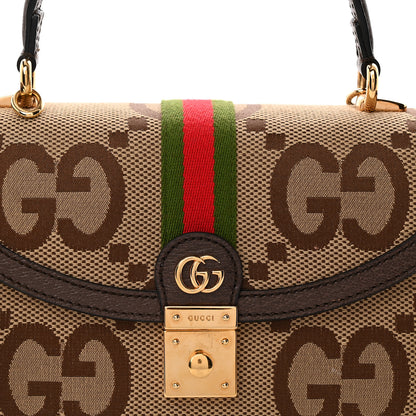 Gucci Monogram Jumbo GG Textured Dollar Calfskin Web Small Ophidia Padlock Top Handle Bag Camel Ebony New Acero 7 of 12