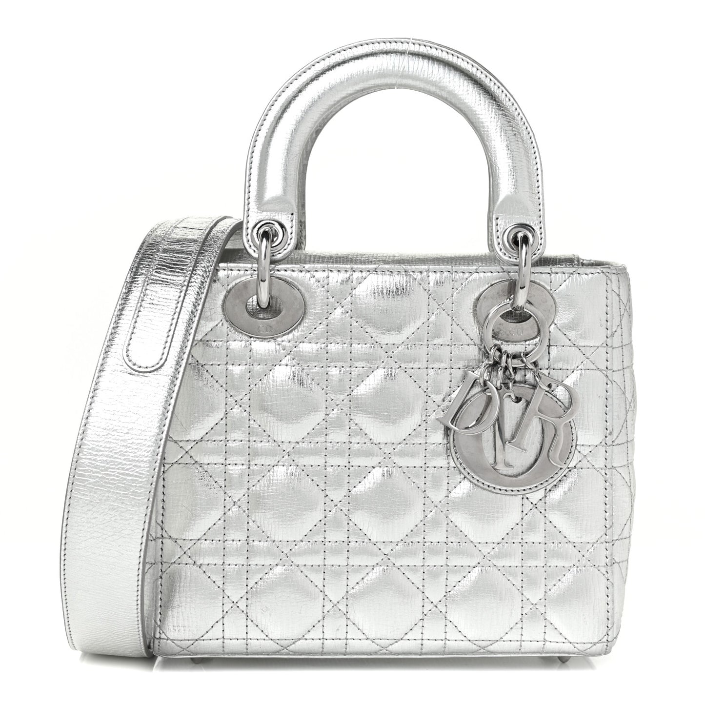 Metallic Grained Calfskin Cannage Small Lucky Badges My Lady Dior Silver