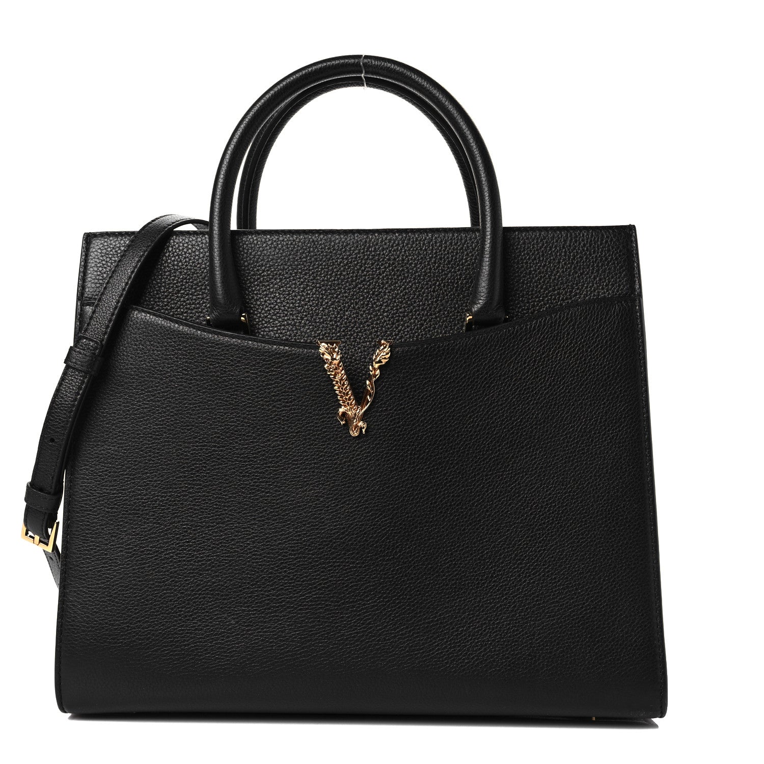 Versace Grained Calfskin Large Virtus Top Handle Shoulder Bag Black 1 of 5