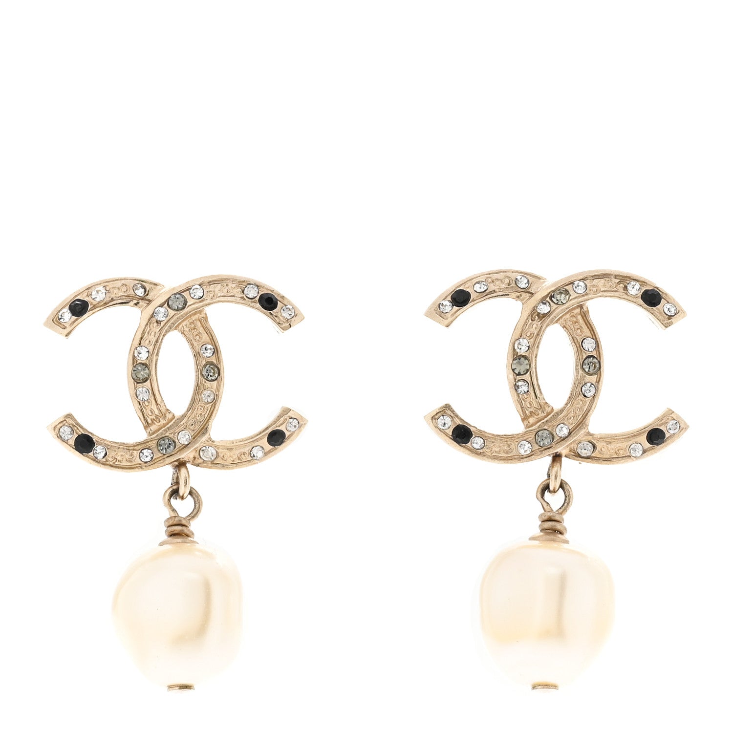 Chanel Crystal Pearl CC Drop Earrings Gold Black 1 of 5