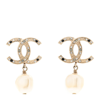 Chanel Crystal Pearl CC Drop Earrings Gold Black 1 of 5