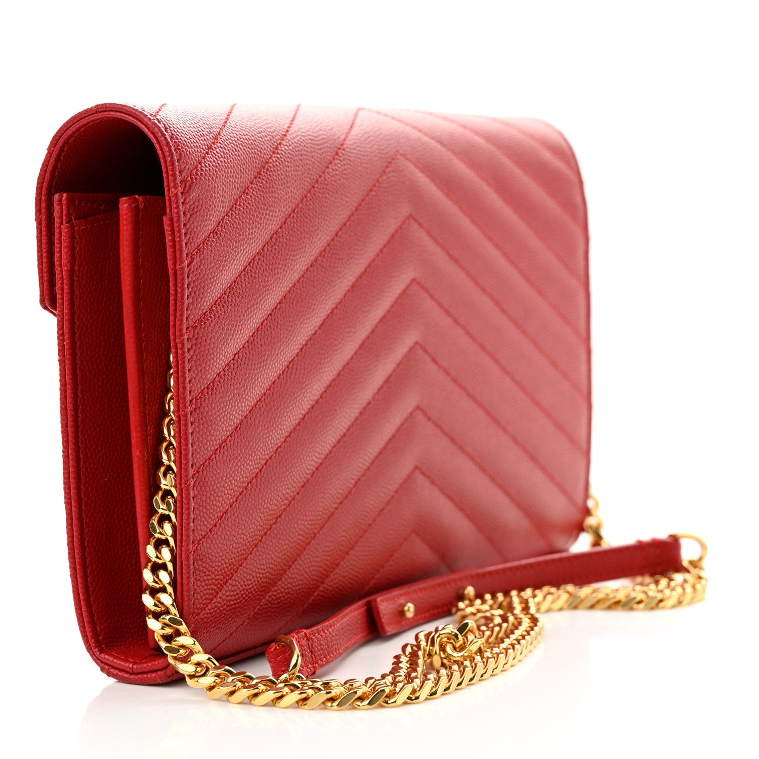 Saint Laurent Grain De Poudre Matelasse Chevron Monogram Chain Wallet Red 3 of 11