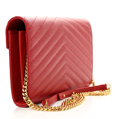 Saint Laurent Grain De Poudre Matelasse Chevron Monogram Chain Wallet Red 3 of 11