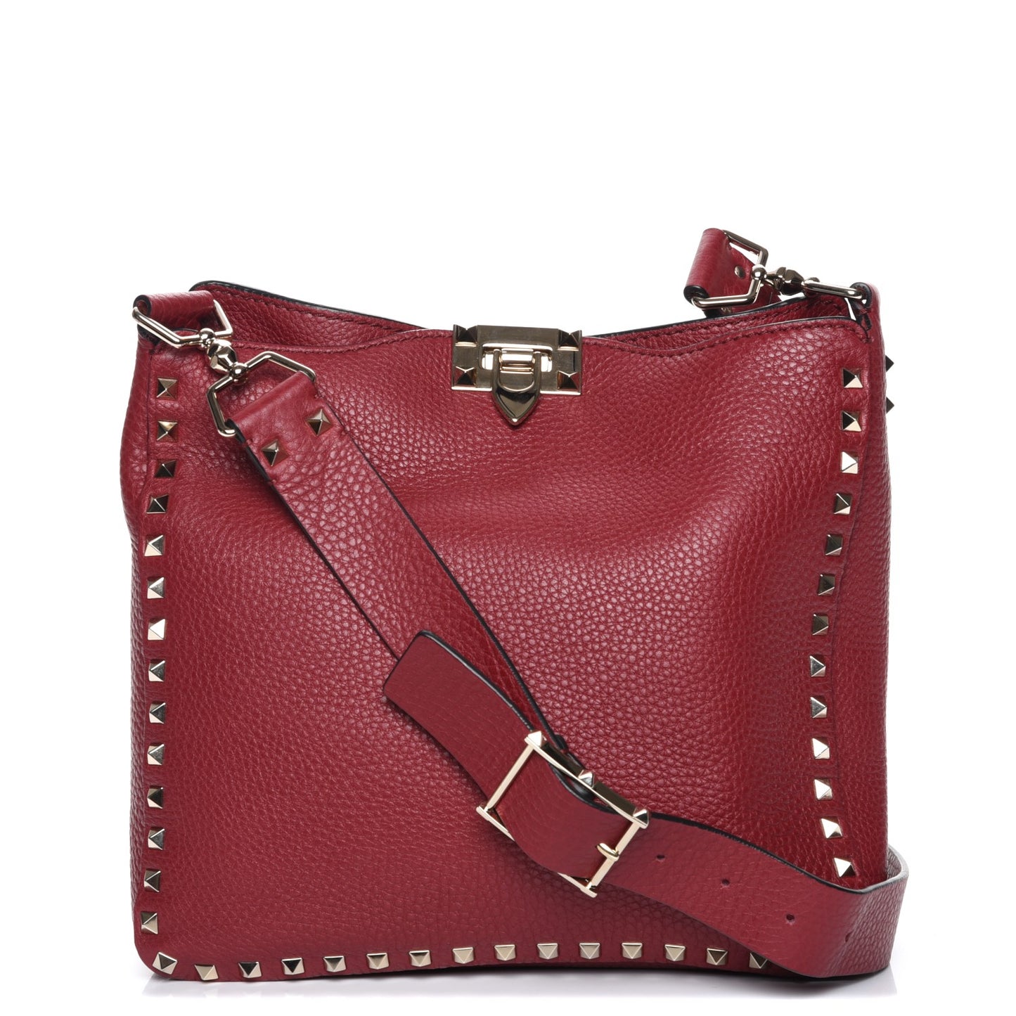 Pebbled Calfskin Small Rockstud Flip-Lock Messenger Bag Rubino
