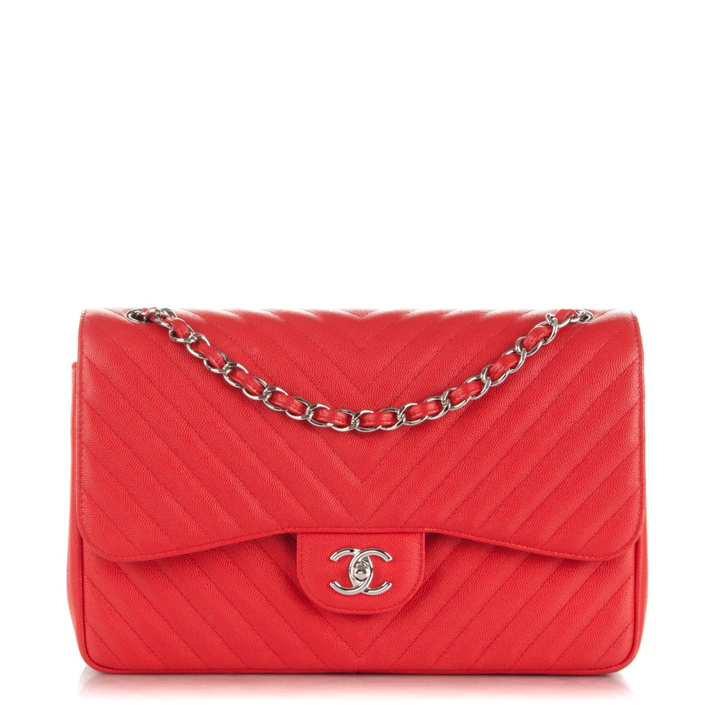 Caviar Chevron Quilted Jumbo Double Flap Red