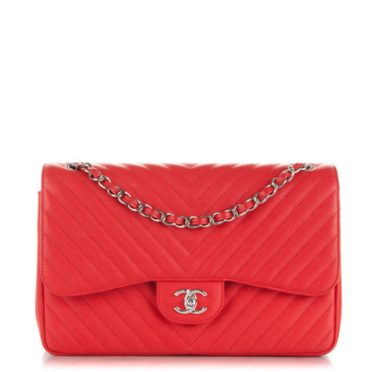 Chanel Caviar Chevron Quilted Jumbo Double Flap Red 1 of 8