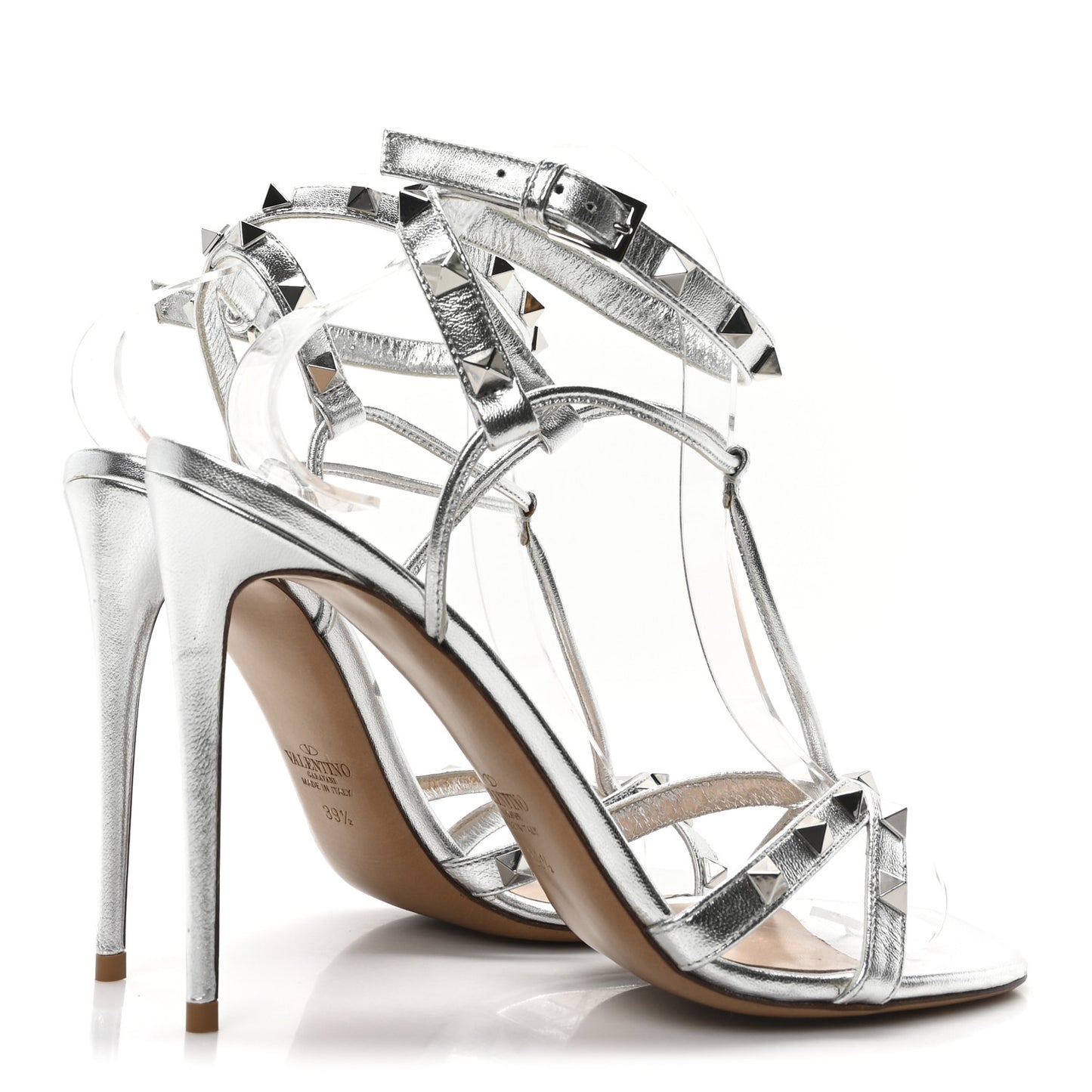 Metallic Nappa Rockstud Ankle T-Strap 100mm Sandals 39.5 Silver