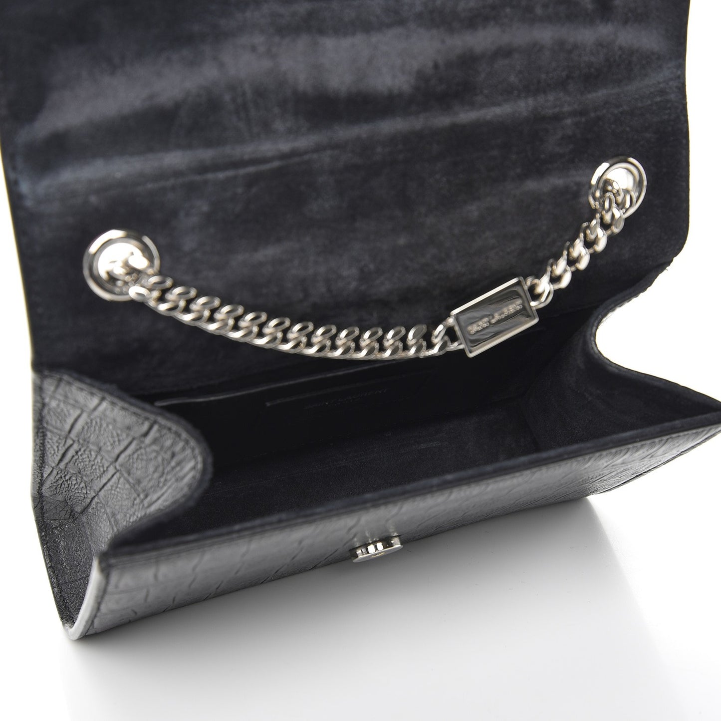 Calfskin Crocodile Embossed Small Classic Monogram Tassel Satchel Black