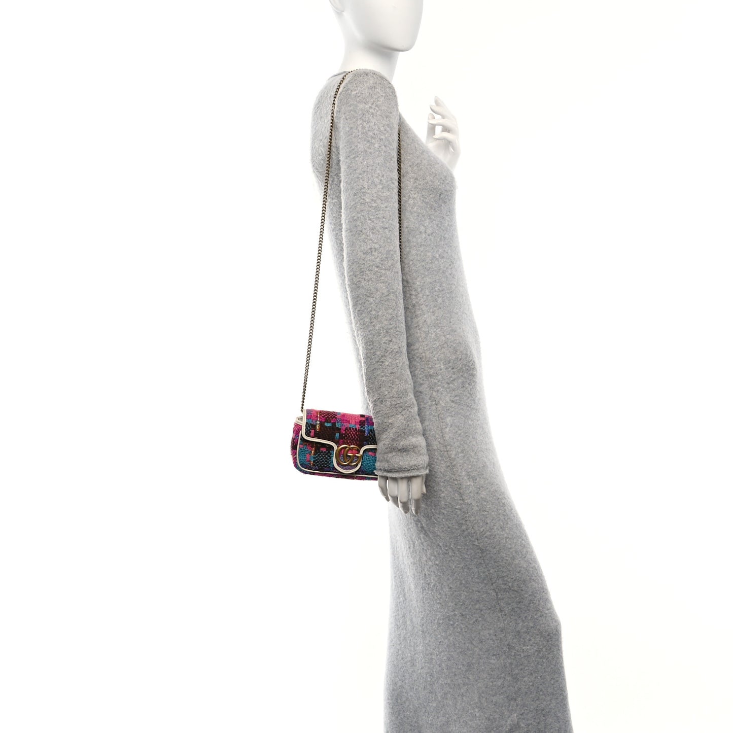 Tweed Calfskin Spicy Check Super Mini GG Marmont Shoulder Bag Pink Multicolor Mystic White