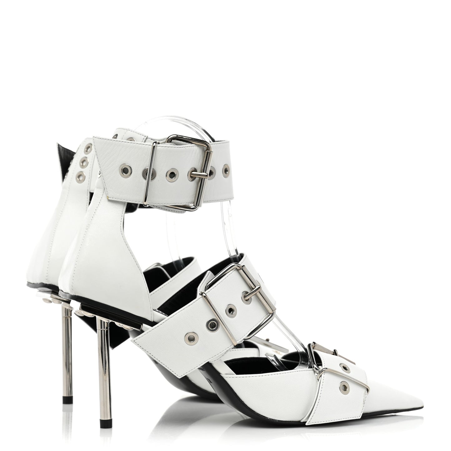 Shiny Kidskin Point Toe Buckle Pumps 38 White