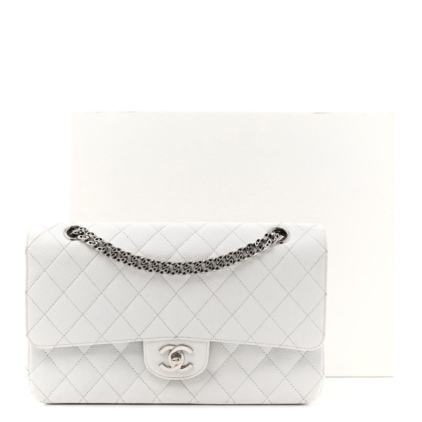Caviar Quilted Medium Double Flap Bijoux Chain White
