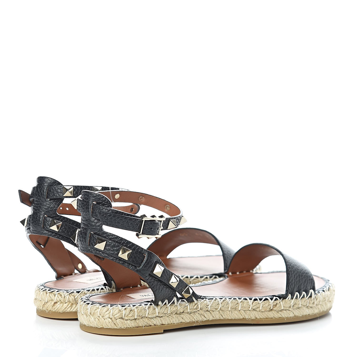 Valentino Garavani Grained Calfskin Rockstud Ankle Strap Espadrille Flat Sandals 37 Black 4 of 9